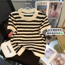 实拍 小香风冰丝条纹短袖T恤女夏薄款设计小众短款针织衫上衣ins