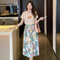 实拍2023新款夏季两件套雪纺印花t恤/油画半身裙女夏小个子a字裙