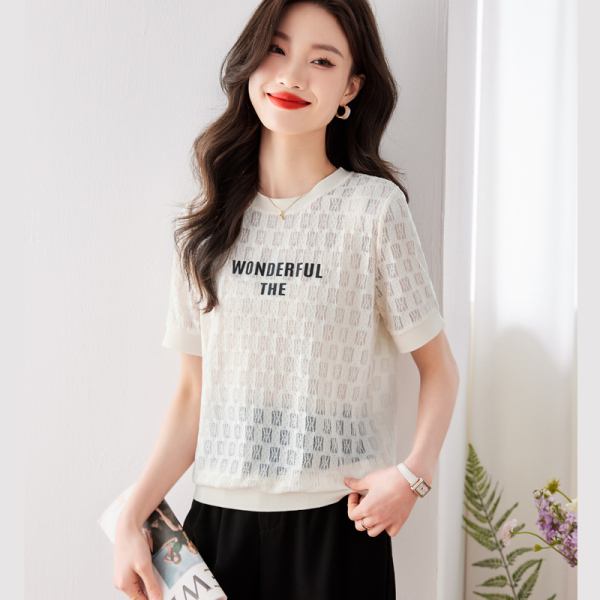RM15370#蕾丝镂空短袖2023韩版时尚字母设计感小众宽松圆领休闲套头...