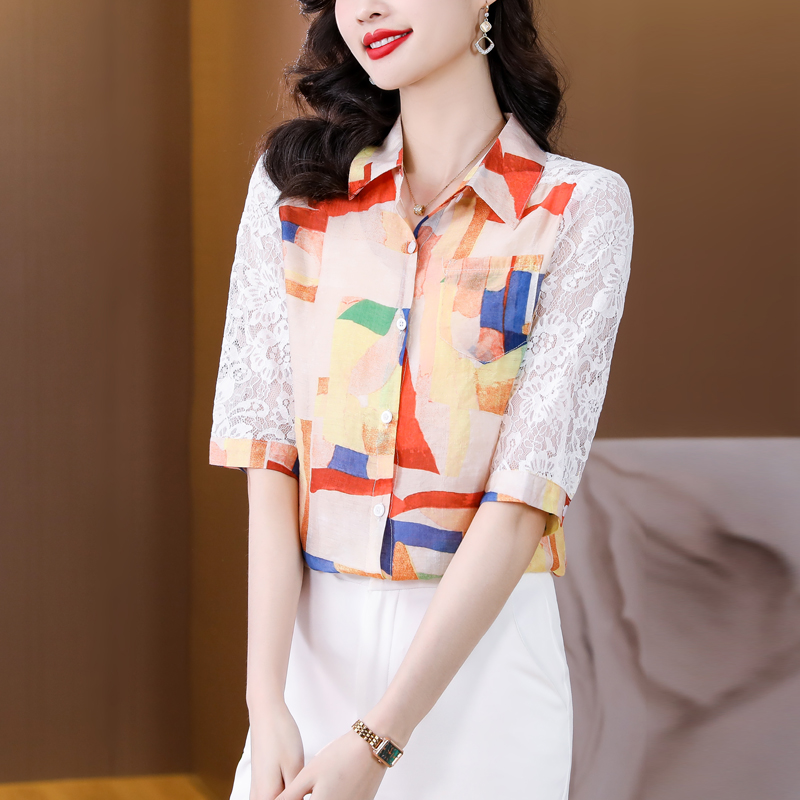 RM6097#春夏新款韩版宽松显瘦五分袖蕾丝拼接不规则印花衬衫减龄小衫