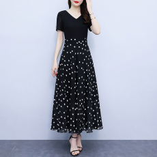 黑色雪纺波点长裙女2023夏季新款法式赫本修身显瘦遮肉大码连衣裙