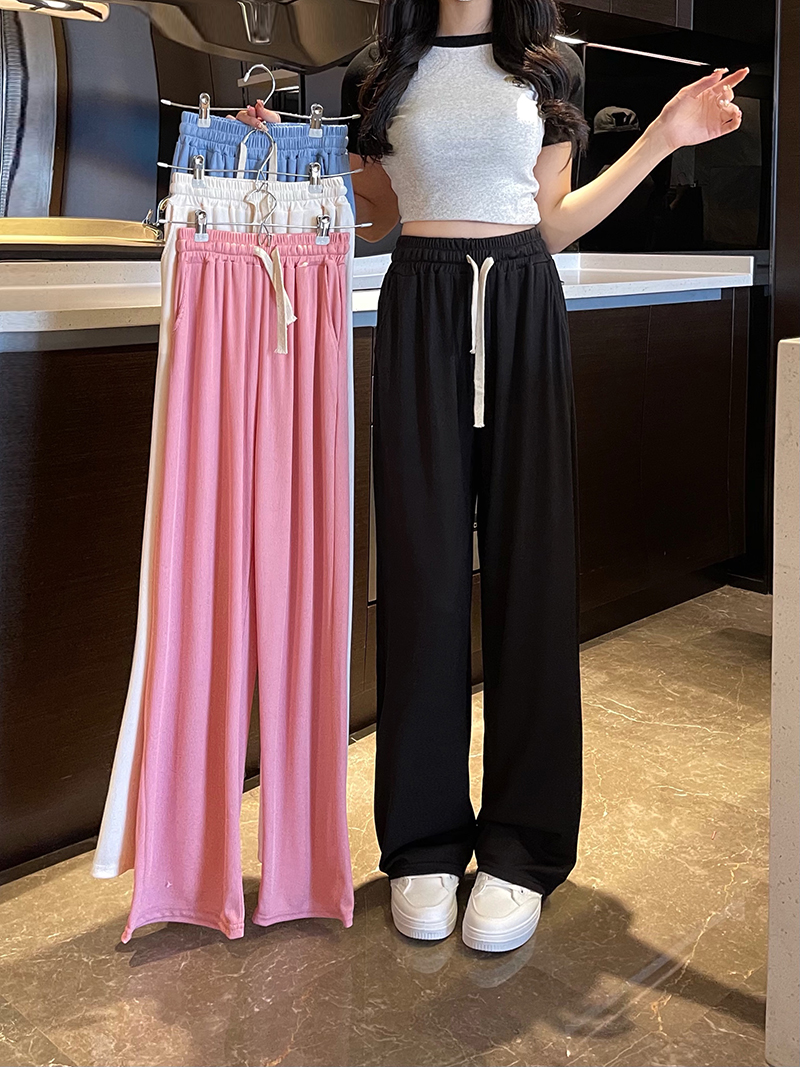 實拍  冰絲闊腿褲女腰垂感夏季寬鬆直筒休閒褲