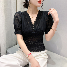 批发2023欧洲站新款品质蕾丝钻饰<b class='q'>短袖</b>上衣百搭洋气泡泡袖小衫上衣女