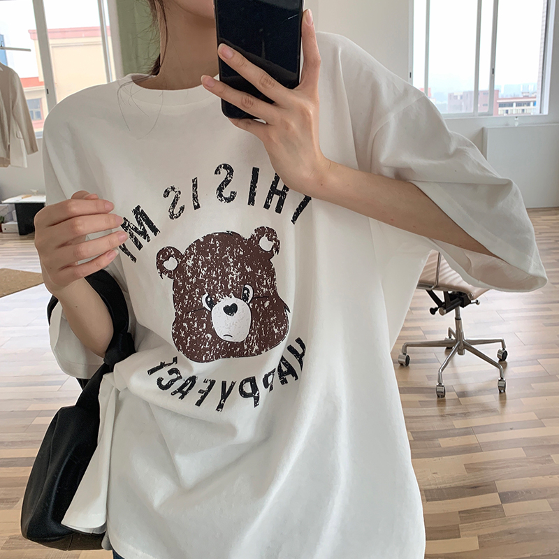 Real shot of pure cotton short-sleeved T-shirt new cute bear print loose pure cotton casual slimming Korean style top