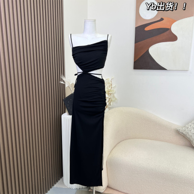 早安樊樊镂空露腰法式连衣裙女开叉绑带设计感气质高级感吊带长裙