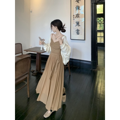 实拍实价~ 慵懒风长袖针织开衫+纯欲绑带褶皱吊带+高腰网纱半身裙