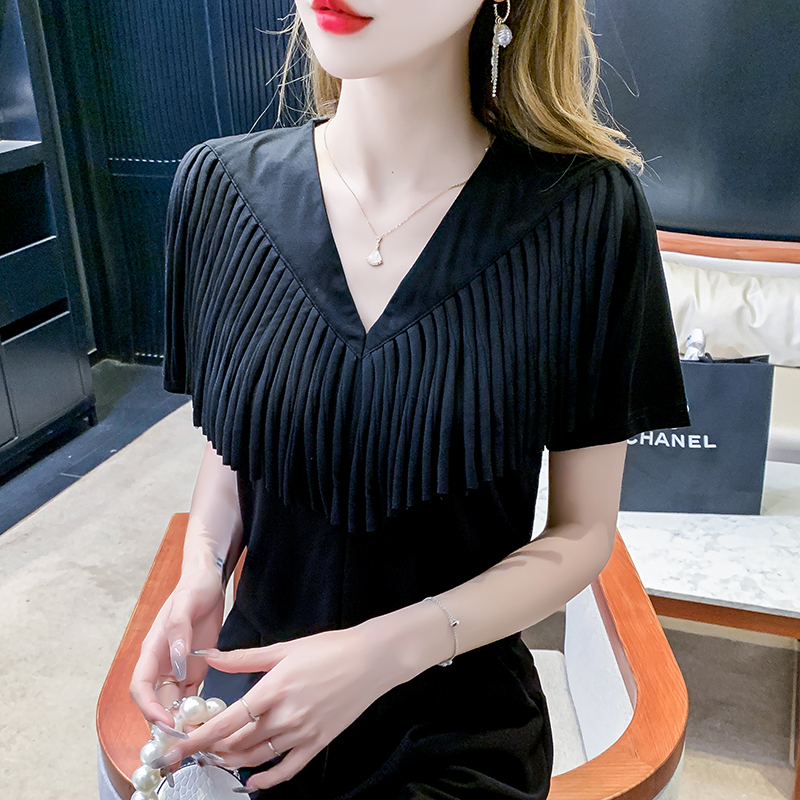 LN30082# 夏季纯色韩版V领设计感流苏小众衬衣女装纯色短袖上衣