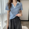 设计感条纹polo领撞色V领短袖T恤女2023新款韩系修身显瘦通勤上衣轮播图2