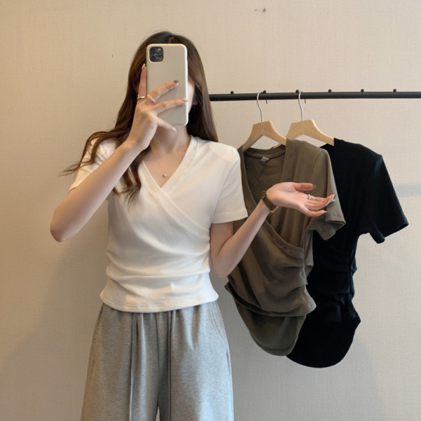 RM13708#交叉v领短袖t恤女夏季修身显瘦短款