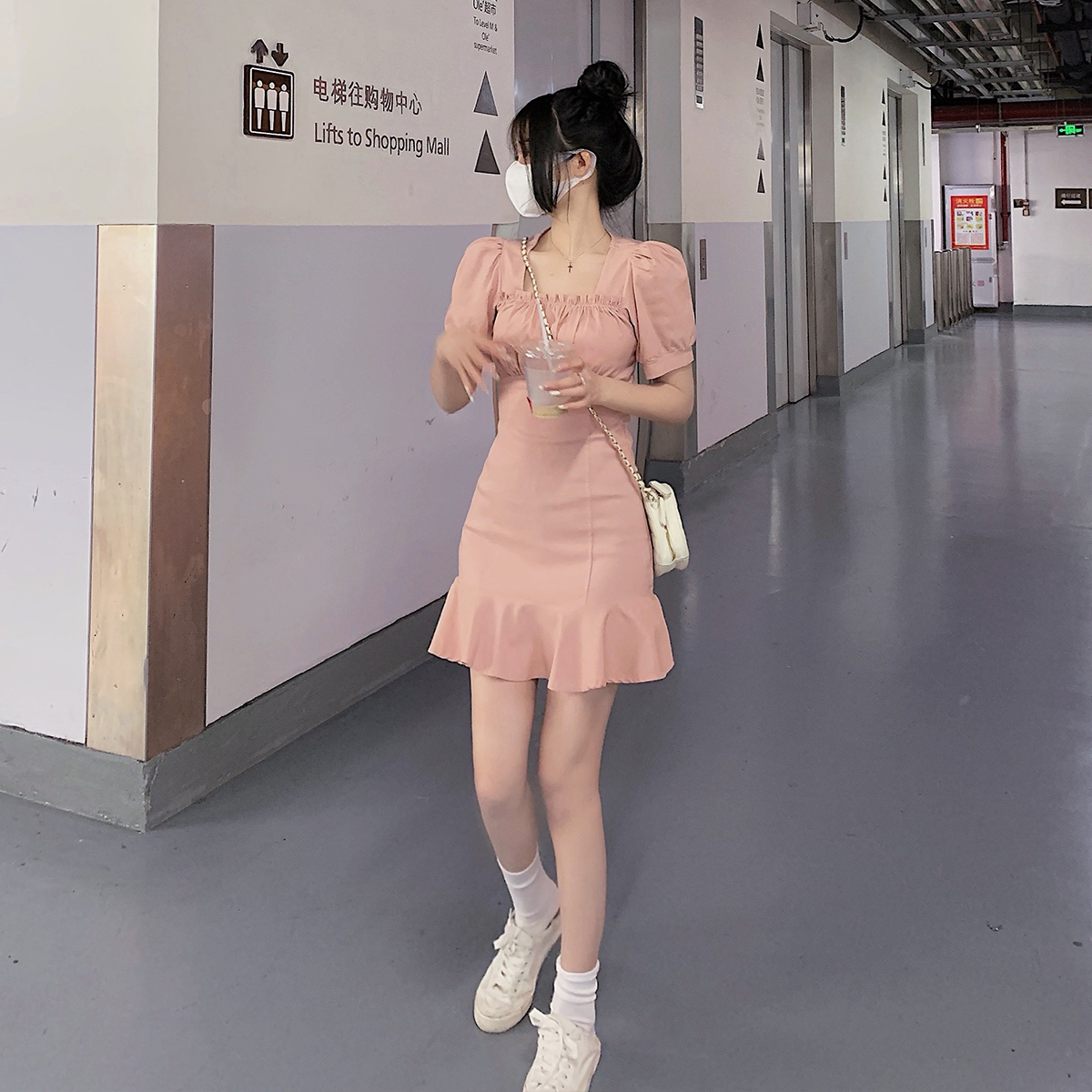 MY5008# 大码女装温柔风甜美粉色连衣裙胖mm高腰修身方领泡泡袖A字裙女裝貨源服裝批發