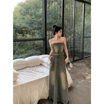 实拍实价！美式复古套装女性感辣妹牛仔抹胸高腰半身裙