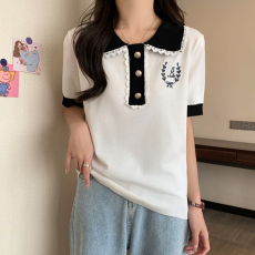实拍#2023夏装新款微胖妹妹洋气设计感针织衫显瘦短袖上衣女