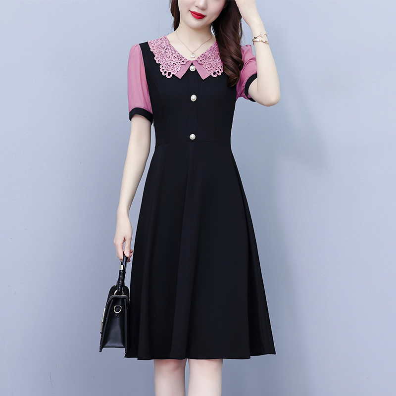 MY1334# 大码女装法式小黑裙新款夏季女时尚拼接收腰显瘦连衣裙淑女女裝貨源服裝批發