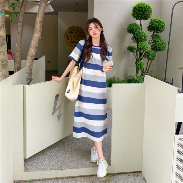 RM16410#珠地夏季条纹韩版ins大码中长款短袖连衣裙女潮