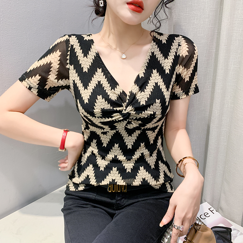 RY190# 欧货2026夏季新款时尚修身印花网纱V领短袖T恤上衣女打底衫