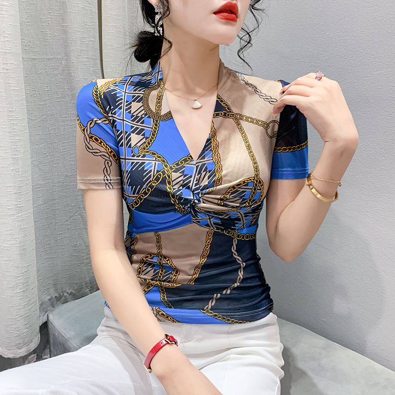 RY189# 欧货2026夏季新款时尚修身印花网纱V领短袖T恤上衣女打底衫
