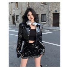 批发单/两件套秋<b class='q'>冬</b>甜酷女装欧美机车重工时尚皮衣外套+显瘦包臀皮短裙