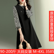 批发2025春秋新品时尚气质异材质拼接钉钻装饰新款女式<b class='q'>连衣裙</b>秋中长裙