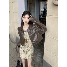 复古叠穿碎花吊带连衣裙pu皮长袖夹克外套女春季2023新款时尚套装