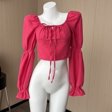 伍小雨WUYU甜辣风春季新款玫瑰红格纹抽褶方领泡泡灯笼袖衬衫上衣