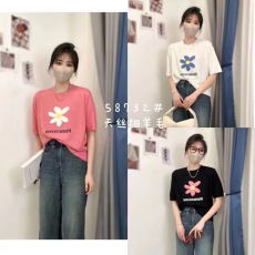 2023春季新款小雏菊天丝细羊毛针织衫上衣小众短袖t恤女夏季