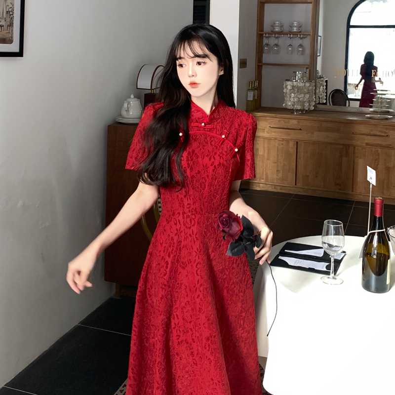 BY9162#旗袍敬酒服新娘小个子酒红色订婚礼服连衣裙中式回门女结婚年轻款