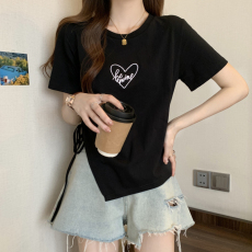 实拍#2023年大码T恤女短袖刺绣爱心胖mm抽绳上衣显瘦打底上衣女