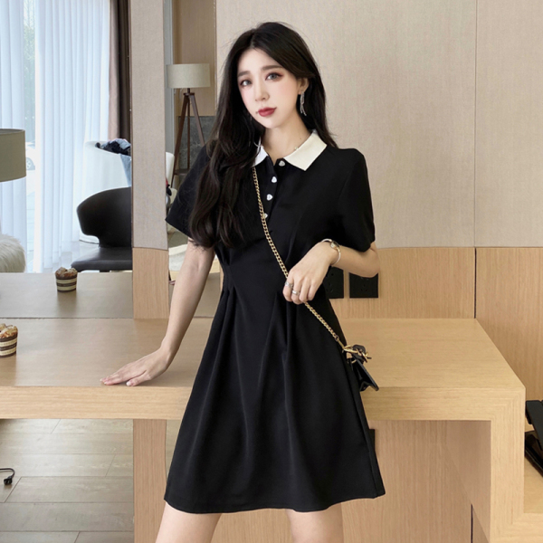 RM17298#韩版女装甜美撞色翻领显瘦黑裙小个子桔梗裙连衣裙