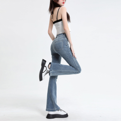 王家有鱼加州辣妹微喇叭牛仔裤女2023夏新款薄款拼接高腰显瘦高弹