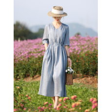 批发2026新款苎麻<b class='q'>提花</b><b class='q'>连衣裙</b>蓝色显白v领纯色简约气质夏季