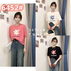 2023春季新款小雏菊天丝细羊毛针织衫上衣小众短袖t恤女夏季