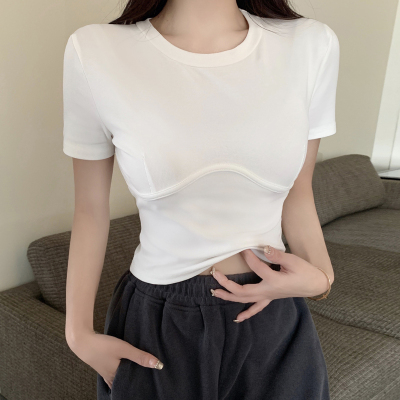 实拍 2023夏季新款白色短袖T恤女短款修身高腰纯棉圆领紧身打底衫
