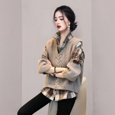 批发针织V领马甲格子衬衫<b class='q'>套装</b>女洋气上衣两件套春秋2025年新款<b class='q'>欧洲站</b>