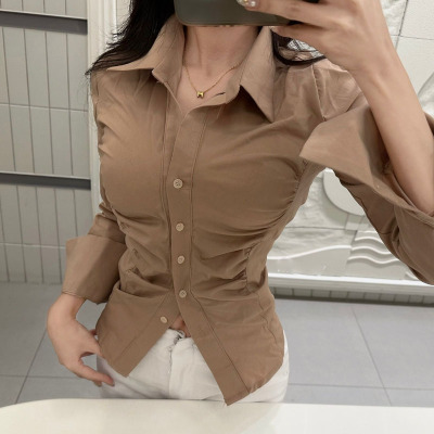 当天发 韩国代购正品 MH280气质女人味~性感褶皱收腰修身长袖衬衫