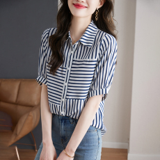 批发631#2025年新款夏季时尚知性优雅雪纺<b class='q'>清凉</b>慵懒宽松条纹衬衫女韩版