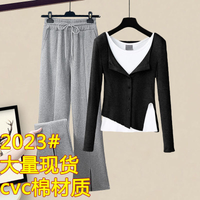 休闲运动服小个子时尚假两件T恤上衣套装2023新款春秋百搭两件套