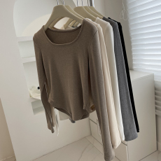 批发敲显瘦~软糯方领打底衫！春秋百搭弹力显身材短款不规则长袖T恤女