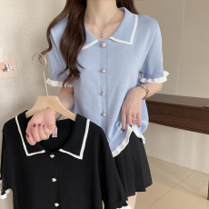 批发2026年夏季新款冰丝针织衫上衣大码女装POLO领荷叶袖毛衣