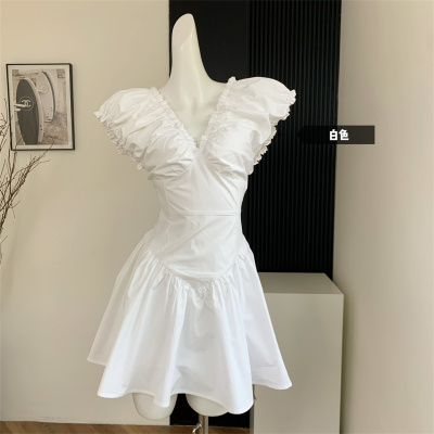SUN11 法式白色褶皱连衣裙女春季高级感收腰显瘦甜美仙女公主裙子