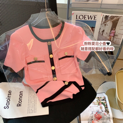 小香风粉色短袖针织衫女夏季2023新款设计感时尚气质显瘦短款上衣