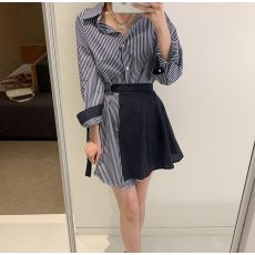 批发韩国chic春季新款小众纯欲时尚气质系带条纹衬衫<b class='q'>连衣裙</b>两件套套装