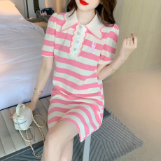 时尚休闲翻领短袖条纹连衣裙女欧货站2023夏季新款甜美可爱减龄裙