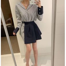 批发韩国chic春季新款小众纯欲时尚气质系带条纹<b class='q'>衬衫</b>连衣裙两件套套装