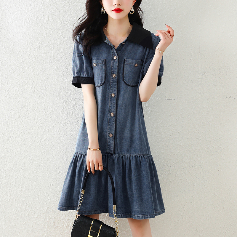 BY9132#大码女夏季新款时尚宽松高级感减龄轻奢气质牛仔连衣裙