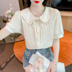 实拍夏季新款甜美娃娃领衬衫女纯色宽松百搭上衣系带短袖拼接衬衣
