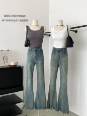 金苏一 高腰毛边牛仔裤女2023春季韩版显瘦弹力复古微喇裤子潮