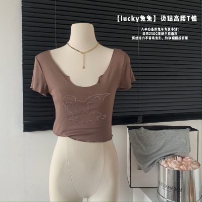 Wuuus lucky兔兔烫钻短袖女2023新款修身高腰T恤露脐上衣显瘦