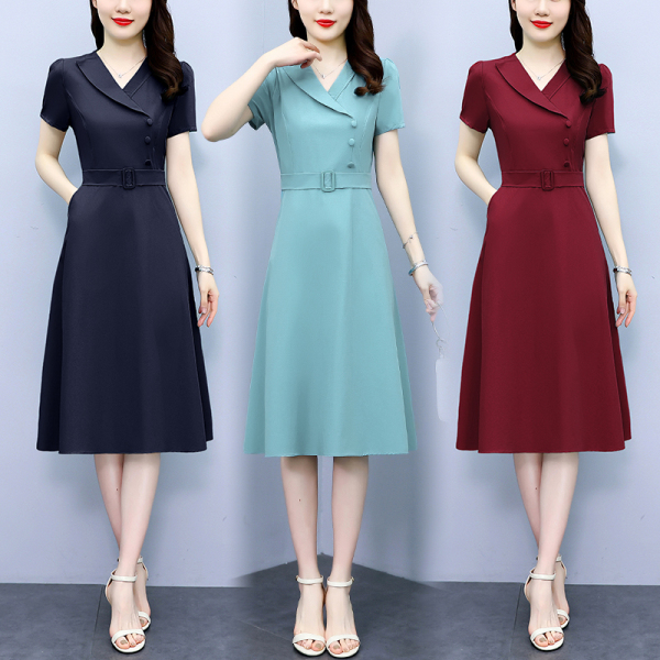 RM7704#夏季新款中年妈妈短袖连衣裙高腰显瘦大摆中长款裙