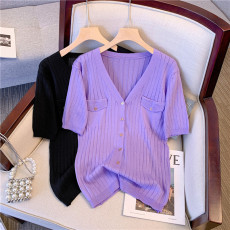 批发实拍大码女装新款胖mm宽松冰丝针织V领假口袋开衫上衣