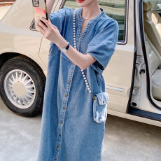 港风复古牛仔连衣裙女夏季薄款2023新款高级感宽松休闲直筒长裙子